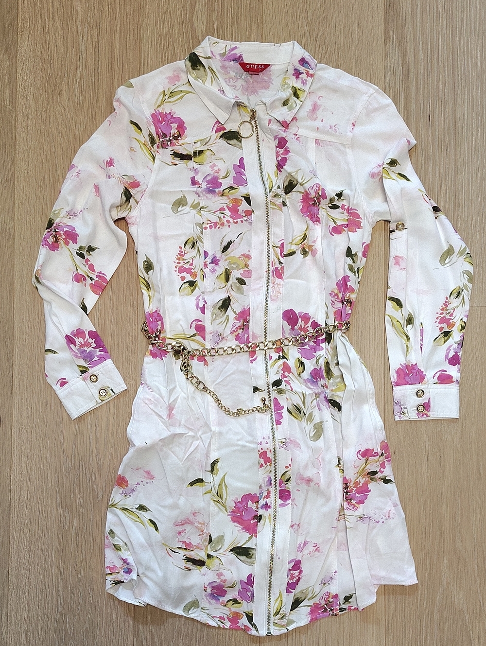 Guess White Floral Zip-Front Shirt Dress with Pink Blooms